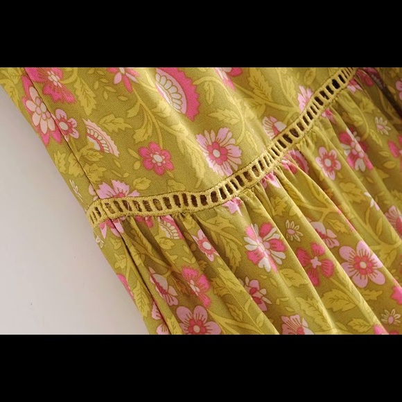 Boho gypsy Yellow Floral Print Ruffle Maxi Skirt - Picture 4 of 5